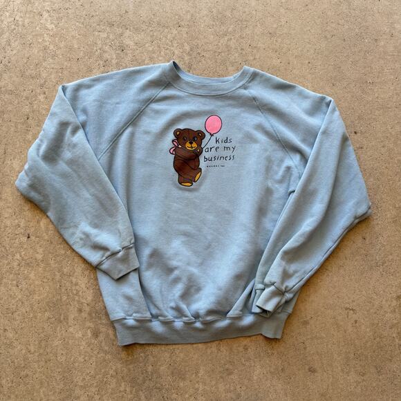Vintage 80s Kids Are My Business Teddy Bear Blue Crewneck Pullover Sweatshirt XL - Picture 1 of 5